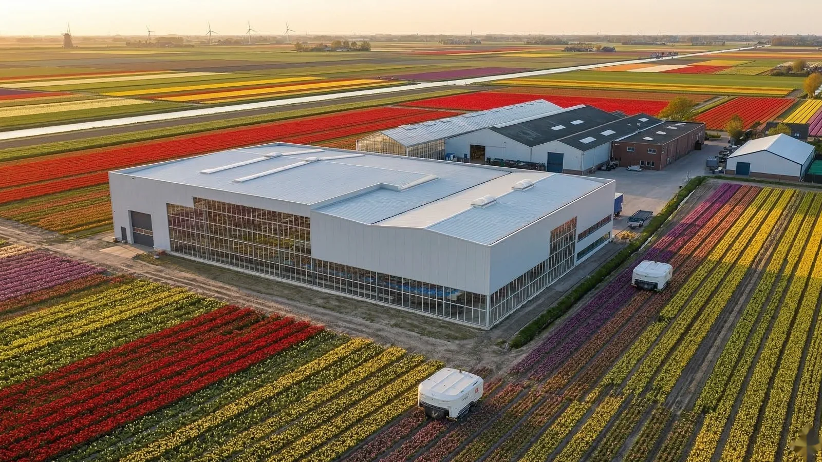 Luchtfoto van een modern Nederlands bollenbedrijf bij zonsondergang