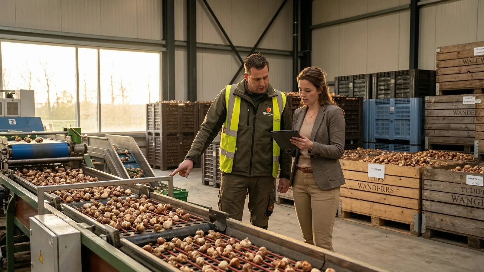 Twee mensen in een modern bollenbedrijf bespreken de operatie