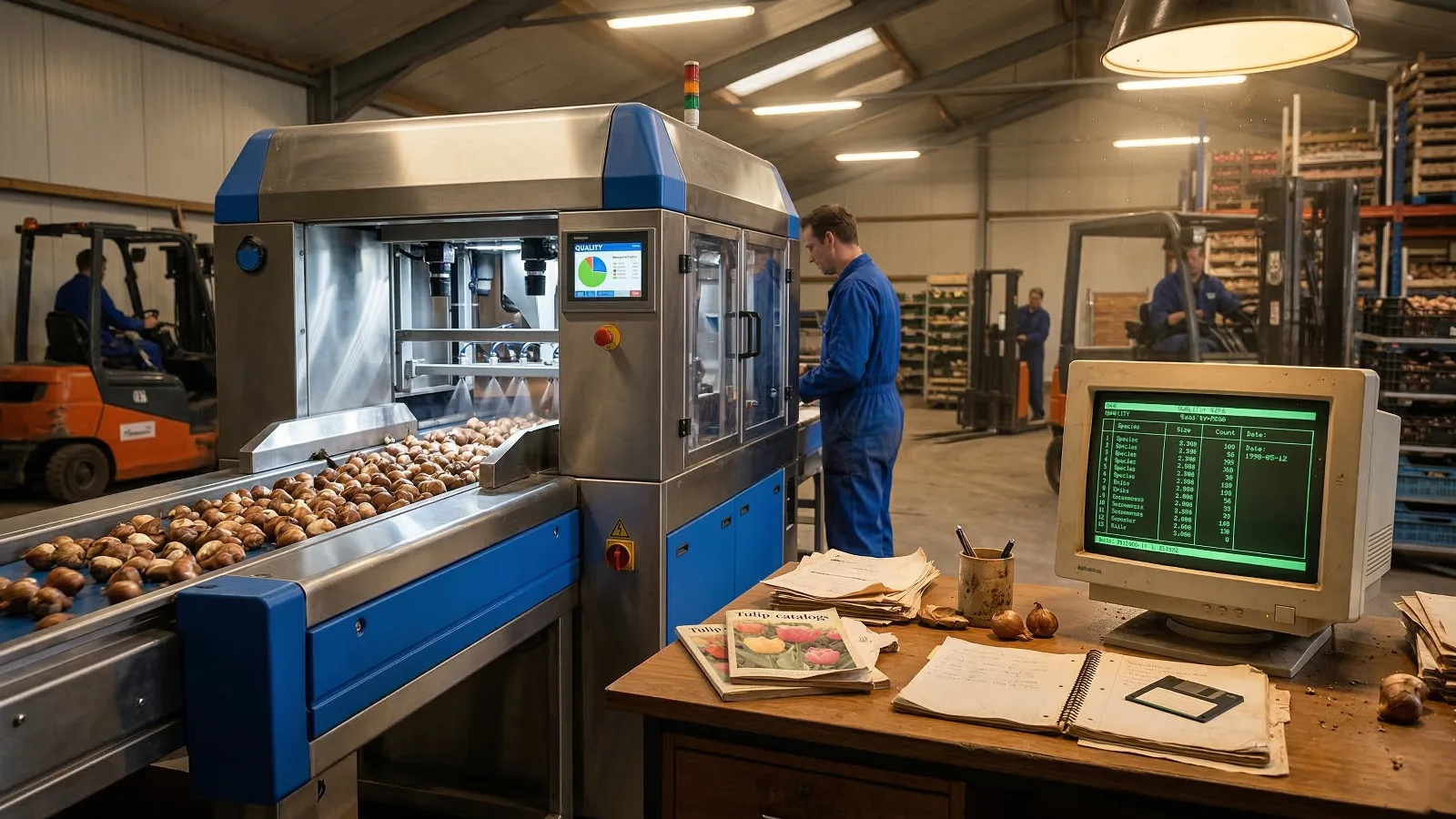 Moderne sorteerrobot naast een bureau met spreadsheets